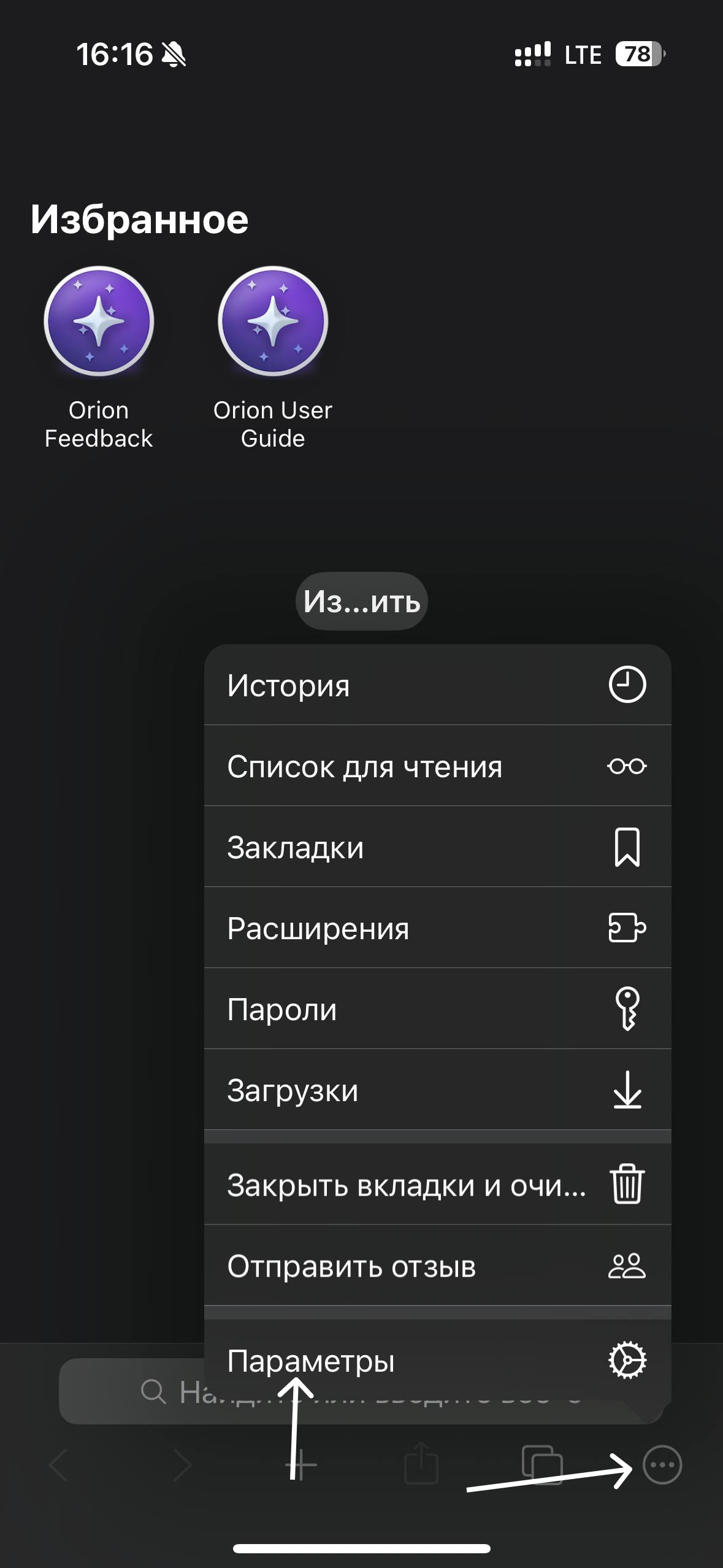 Параметры браузера Orion
